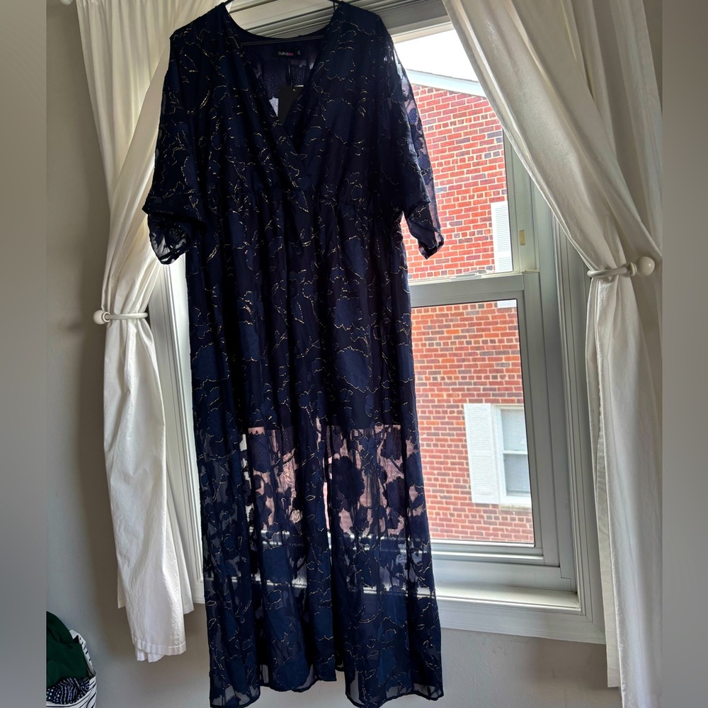 CurveINS Navy Blue Maxi Dress with Gold Foil Floral, lined to knee 3X NWT